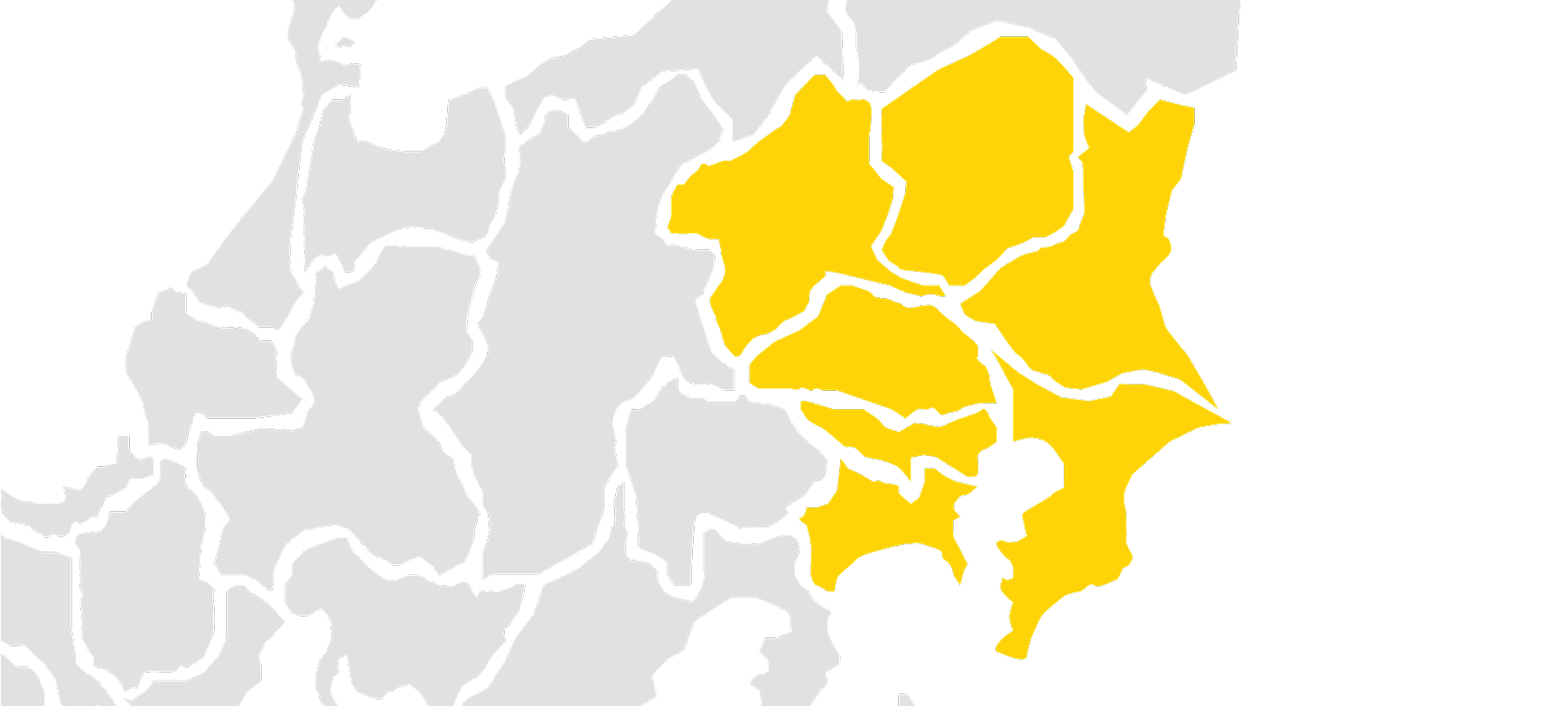 関東地方に黄色い色が塗られている日本地図